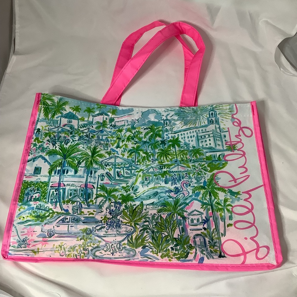 Lilly Pulitzer Vibrant Pink and Green Reusable Palm Beach Shopper Tote